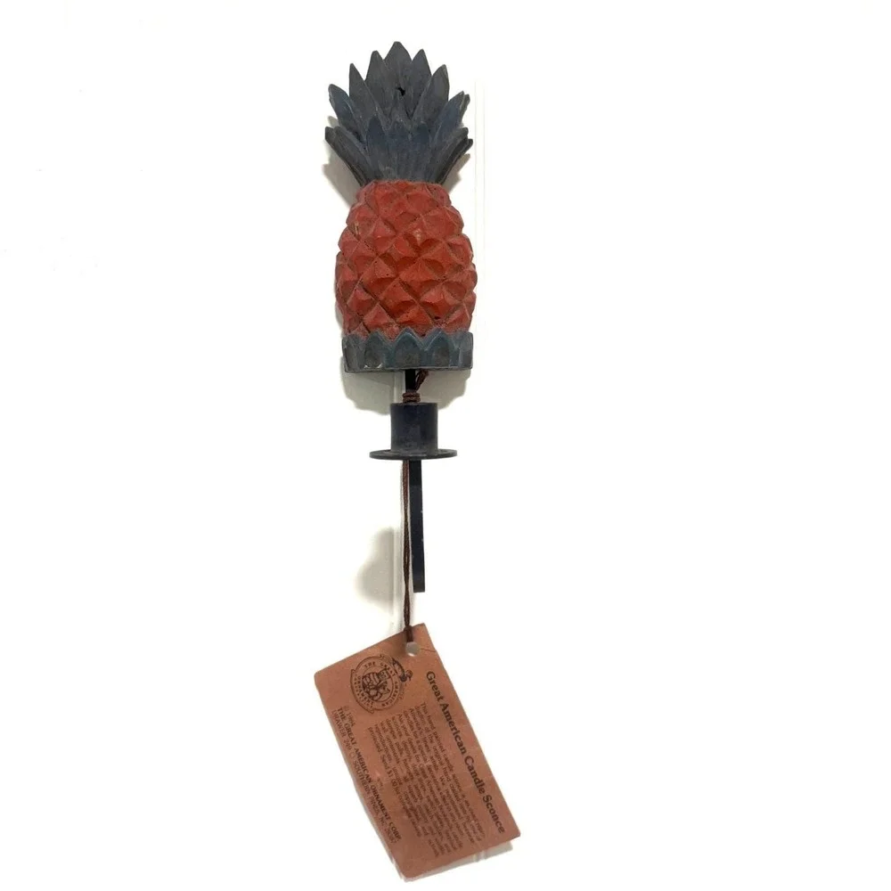 Vintage Great American Pineapple Candle Sconce Hand Carved Wood Wrought Iron
